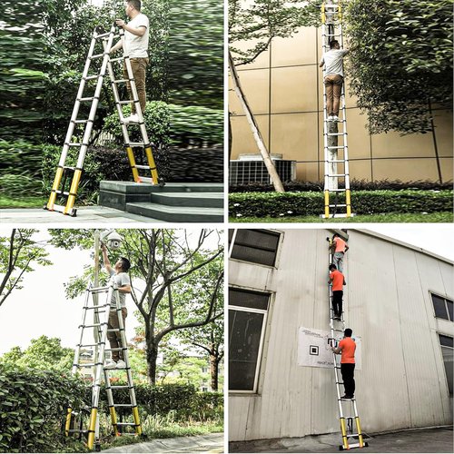 20FT A Frame Telescoping Ladder, Type-A Collapsible Extension Ladder with Double Balance Bar & Wheels, 330lbs Capacity, EN131 Certified Portable Aluminum Step (8+8Foot Step) Includes Tools Bag