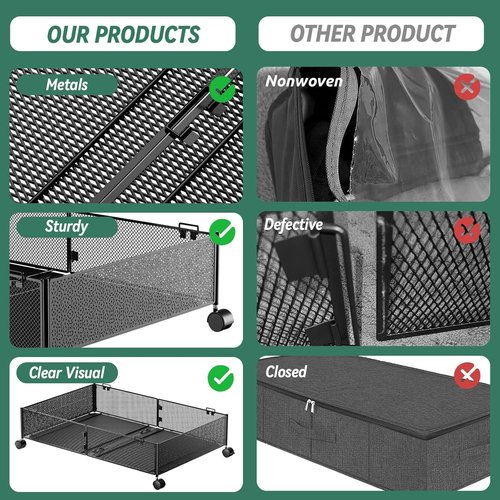 TUMUCUTE Under Bed Storage, Underbed Storage Containers with Wheels, Metal Under the Bed Storage, Under Bed Storage Organizer for Shoe, Clothes, Blankets, Bedding, 2 Packs