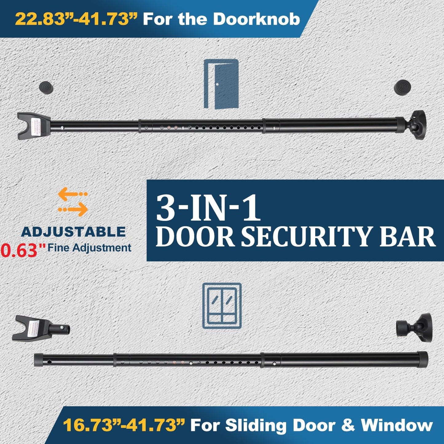 3-in-1 Door Security Bar, Heavy-Duty Metal Rod Sliding Patio Door Security Bar with 2.8" Non-Slip Base, 16"-41.7" Adjustable Door Barricade Security Bars for Doors & Windows,Home,Renters,Apartments