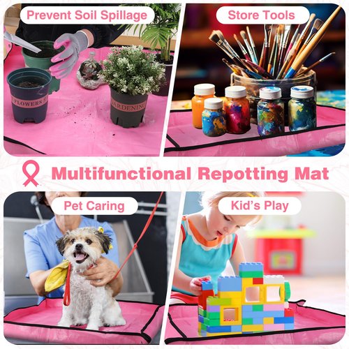WORKPRO 5PCS Garden Tool Set, Powder Coating Compact Aluminum Gardening Tool Set with Repotting Mat, Outdoor Garden Hand Tools, Ideal Gardening Gift, Pink