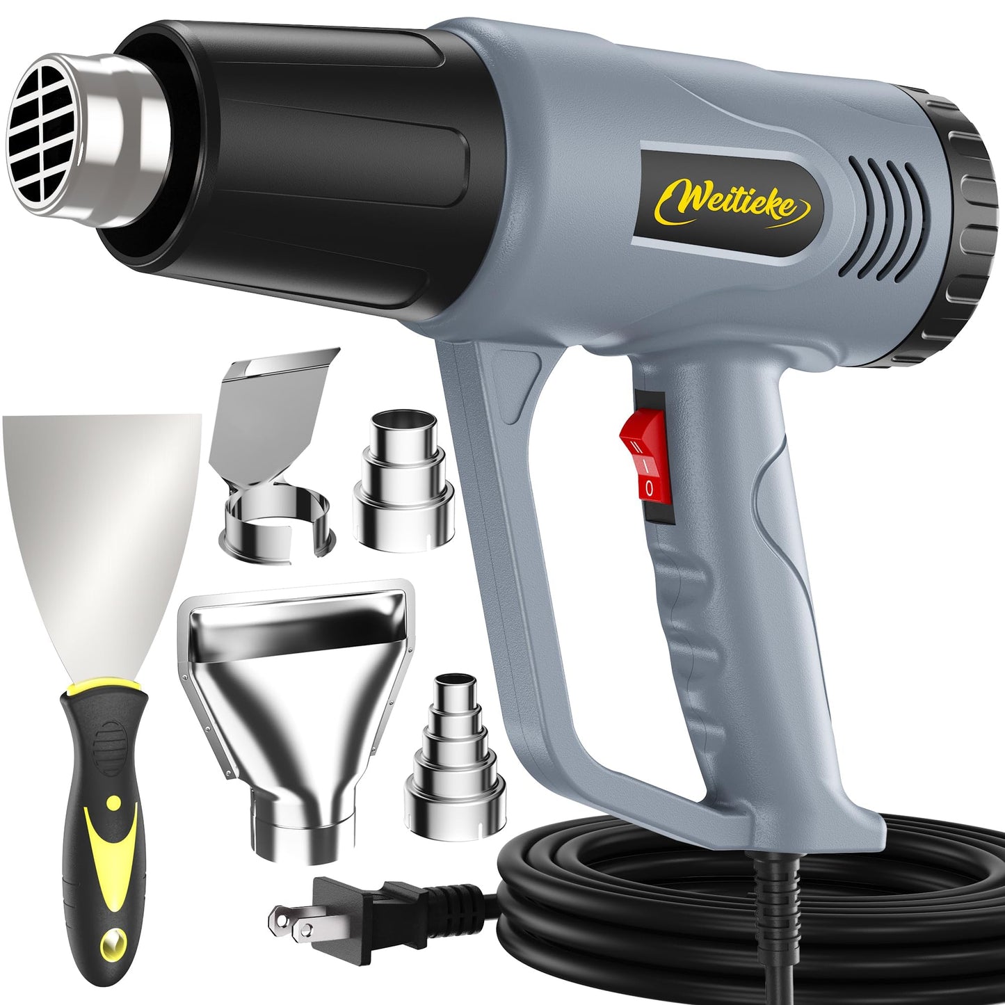Weitieke Heat Gun, 10Ft power cord Heavy Duty Hot Air Gun 572&1112℉ Dual Temperature Control 4 Nozzels & Paint Scraper Overload Protection for Paint Stripping,Crafting, vinyl wrap