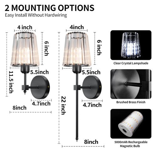 FNHMSL Battery Operated Crystal Wall Sconces Set of Two, Black Wireless Wall Lamp with Crystal Shades, Rechargeable LED Bulbs, 12-Colors Dimmable, Remote for Bedroom, Living Room, Bulbs Included