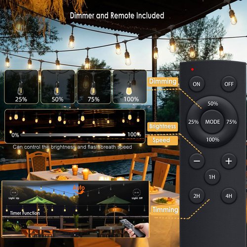 1-Pack 150 ft Outdoor String Lights for Outside with Remote Patio Lights Weatherproof, 45+3 Spare S14 Shatterproof Warm 2200K Bulbs, Linkable