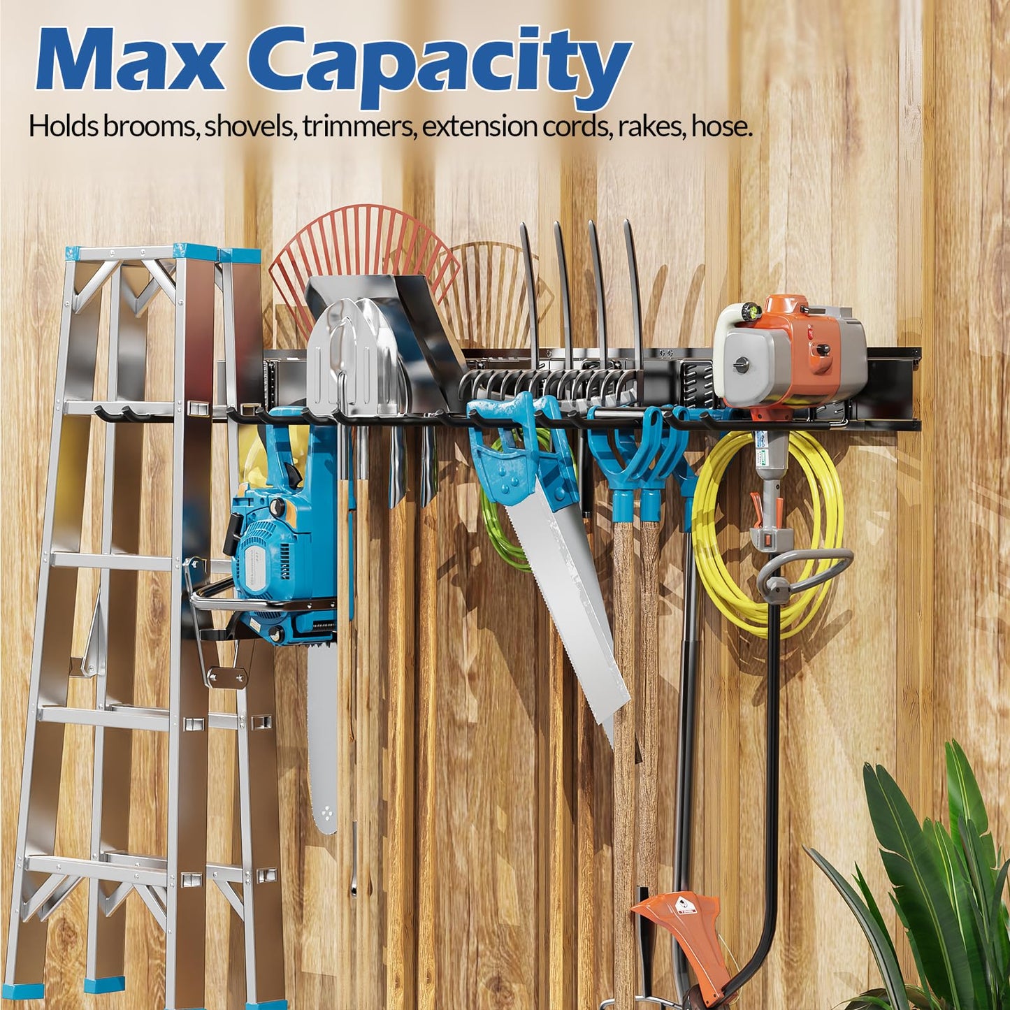 Volitaous 48Inch Garage Garden Tool Organizer Wall Mount, Heavy Duty Garage Tool Storage Rack, Adjustable Mix 9PC Metal Hooks, Rake Hangers Yard Tool Organizer Rack, Max 300Lbs
