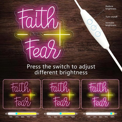 Faith Over Fear Neon Sign for Wall Decor Jesus Neon Light Christian LED Signs Dimmable Letters Neon Lights Signs for Bedroom Living Room Wedding Church Decor Neon Light for Christian Religious.