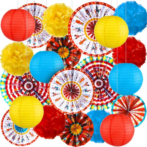 Outus 21 Pcs Carnival Party Decorations with Circus Hanging Paper Lanterns Fans Red Yellow Blue Paper Pom Poms Tissue Flowers for Carnival Circus Birthday Baby Shower Party Favors Supplies