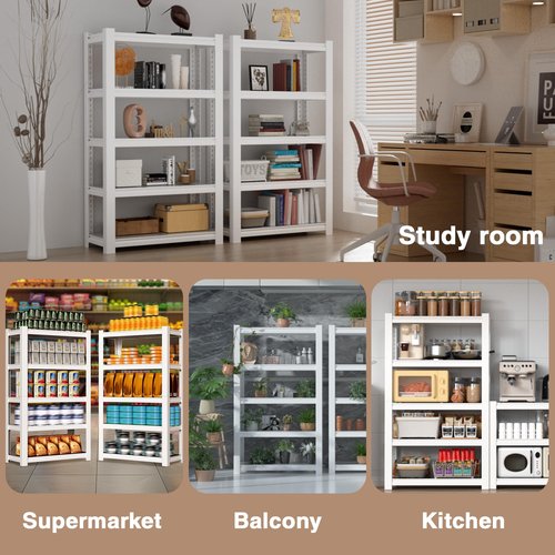 WORKPRO House 5-Tier Shelving Unit, 3000lbs Adjustable Storage Shelves, Boltless Book Shelf, Shelf Organizer for Kitchen, Living Room, Bathroom, Wood Grain Pattern, Waterproof Board, 24-1/10"W, White