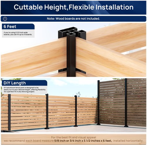 2 Pack 6FT 3-Way Aluminum Fence Post, 1.8mm Thick Walls & 10mm Base, Matte Black Wood Fence Post, Rustproof & Weather-Resistant for Outdoor Privacy Panels