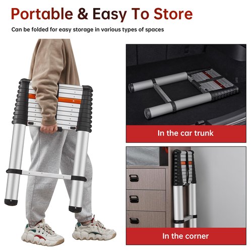 ICARRY Telescoping Ladder 10.8 FT Aluminum One-Button Retraction Collapsible Ladder, Soft Close Design Multi-Purpose Ladder w/Non-Slip Foldable Feet for RV, Household, Outdoor, 250lb Capacity