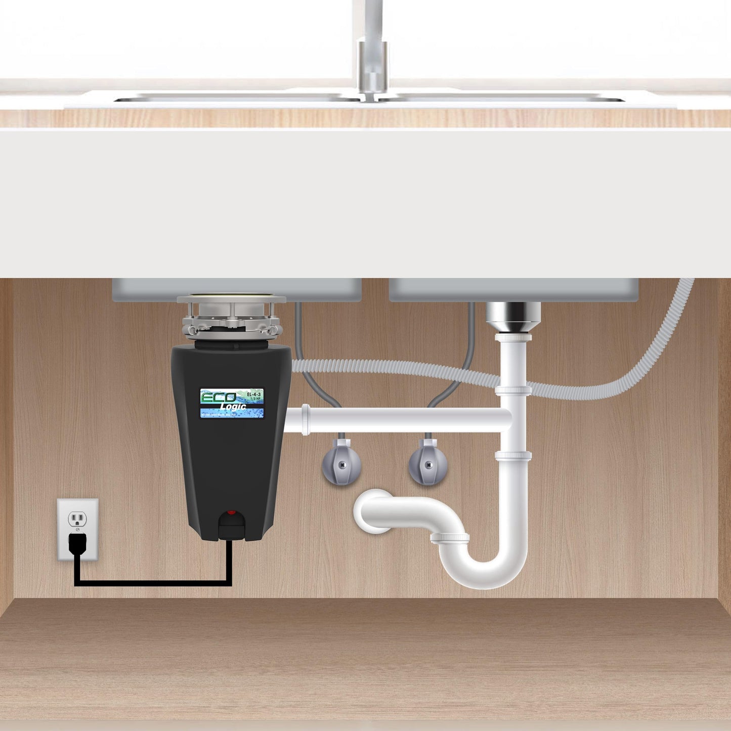 Eco Logic 1/3 Horsepower Garbage Disposal with Removeable Splash Guard, Attached Power Cord and Standard 3-Bolt Mounting System, Continuous Feed Disposer
