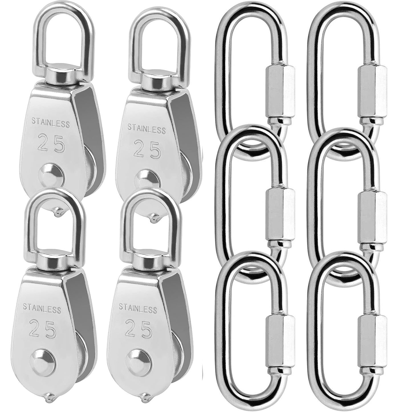 ZOENHOU 4 Pack 25MM Single Pulley Block Set with 6 Quick Links, M25 Stainless Steel Snatch Block System, Wire Rope Hanging Wire Towing Wheel for Lifting Cable, Loading 500Lbs