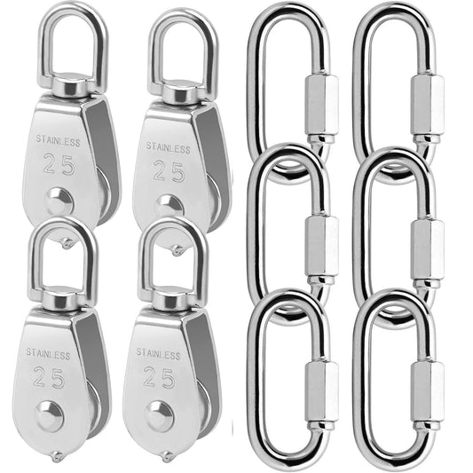 ZOENHOU 4 Pack 25MM Single Pulley Block Set with 6 Quick Links, M25 Stainless Steel Snatch Block System, Wire Rope Hanging Wire Towing Wheel for Lifting Cable, Loading 500Lbs