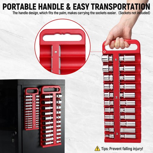 Reniteco Magnetic Socket Organizer Set, 3-Piece Red Portable Magnetic Socket Holder Tray, Heavy Duty Socket Racks For 1/2-inch& 3/8-inch& 1/4-inch Drive, Hold 76 Sockets - Fit Shallow&Deep Sockets