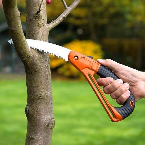 Durable Folding Pruning Saw with Safety Lock - Orange Handle for Camping, Gardening, Tree Trimming