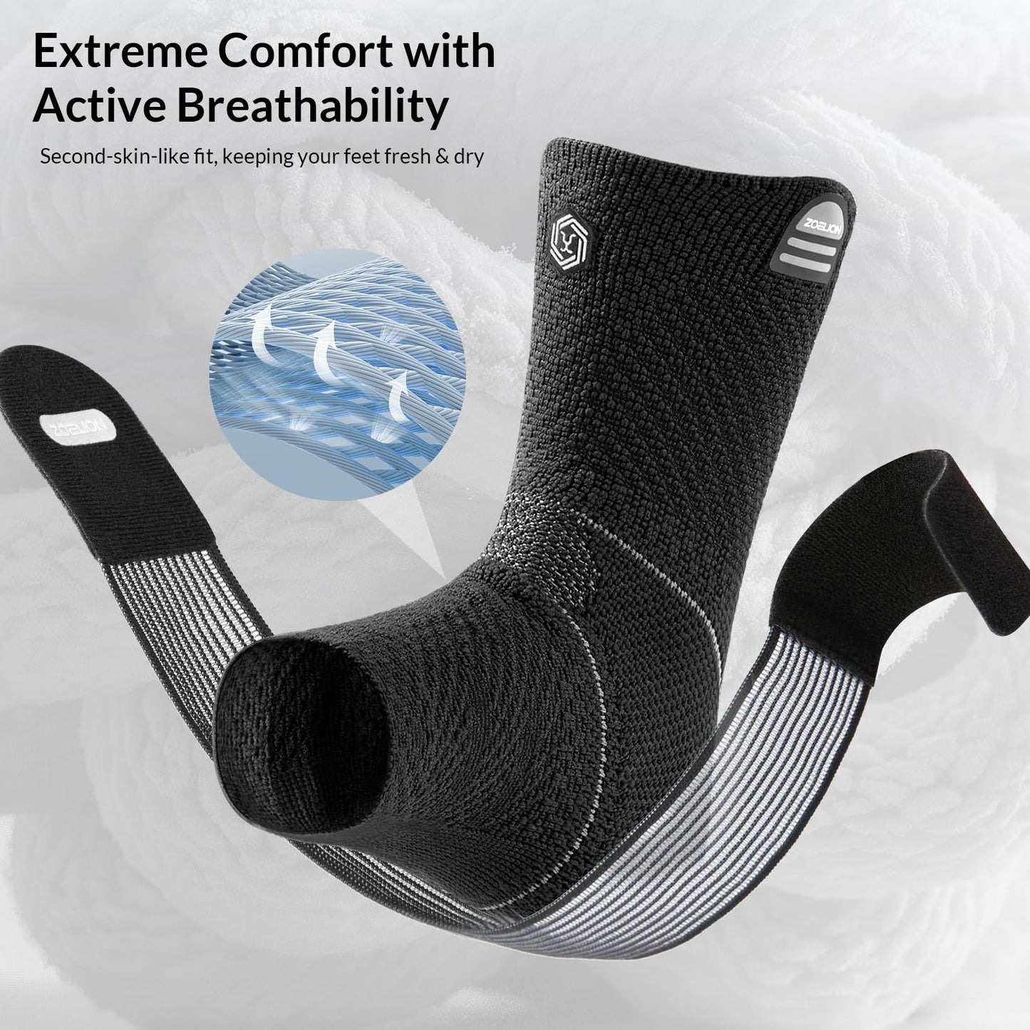 ZOELION Ankle Brace Compression Support with Removable Fishnet Strap, 3D Knit Plantar Fasciitis Relief Achilles Tendonitis Brace, Ankle Compression Sleeve for Pain Relief & Injury Healing, Black/XXL