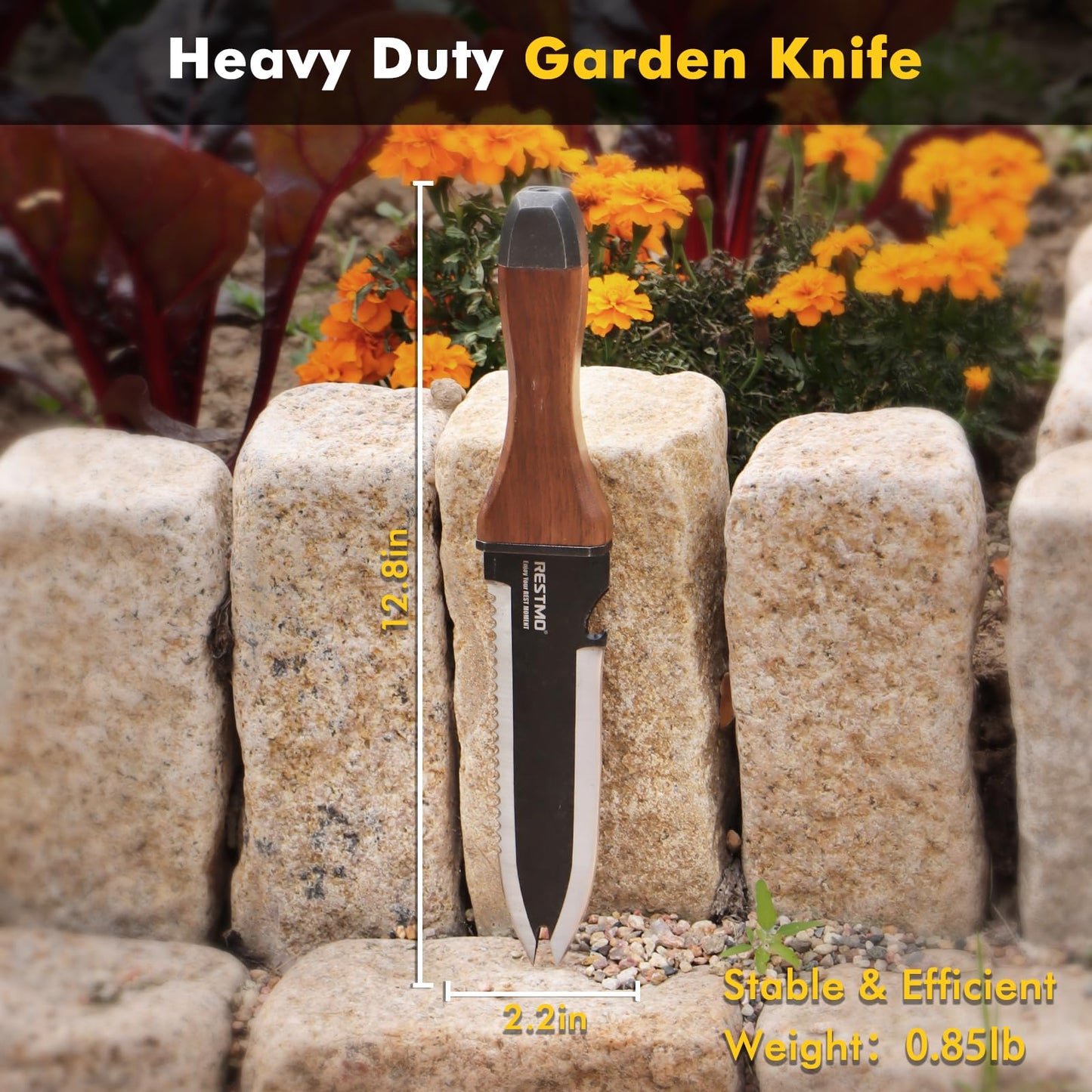 Restmo Professional Hori Hori Garden Knife with Sheath, Heavy Duty High-Strength Stainless Steel Dual-Edge with Depth Gauge, Full-Tang Design & Ergonomic Walnut Handle for Gardening & Farming