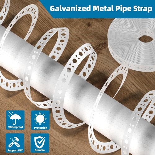 U0U 1 Inch x 30FT Metal Strapping with Holes,White Galvanized Pipe Pipe Hanger Strap,Steel Strap for Pipe Hanger Strap Support