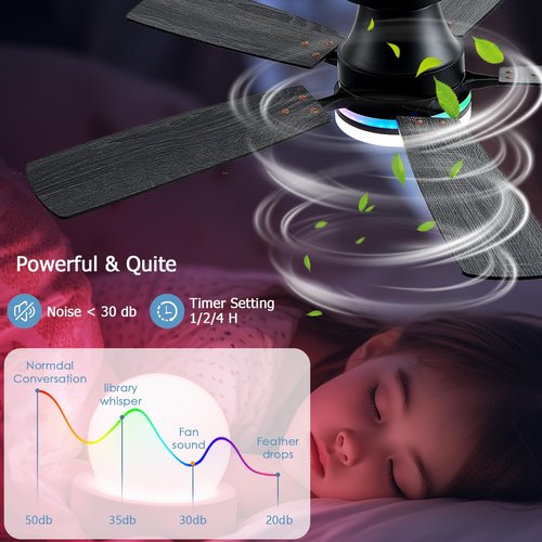 Ayaoty Ceiling Fans with Lights, 48 inch Low Profile Ceiling Fan with Light and Remote Control, Flush Mount RGB Dimmable Light, Noiseless, Black Ceiling Fan for Bedroom Indoor/Outdoor Use