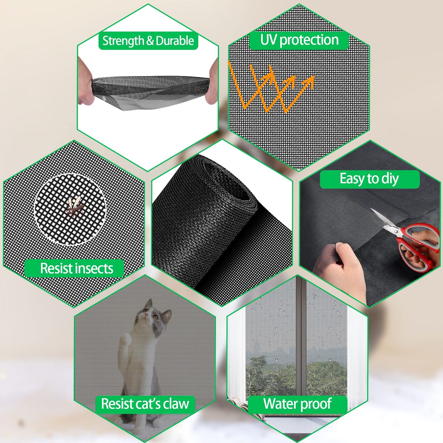 QWR Pet Proof Window Screen Replacement Kit, 39"x118" Durable High Hardness Screen Mesh Replacement Window Screens Repair Kit for Sliding Screen Door,Patio and Windows.(Folded Package with Tool Kit)