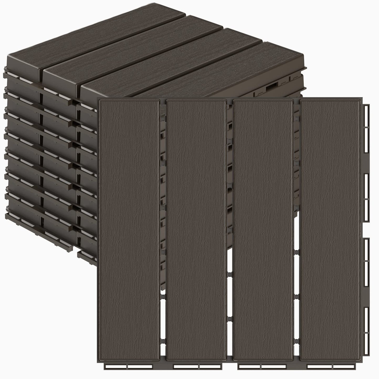 Goovilla Plastic Interlocking Deck Tiles, 9 Pack Balcony Flooring, 12"x12" Waterproof Outdoor Flooring All Weather Use, Patio Floor Decking Tiles for Porch Poolside Backyard Concrete, Dark Coffee