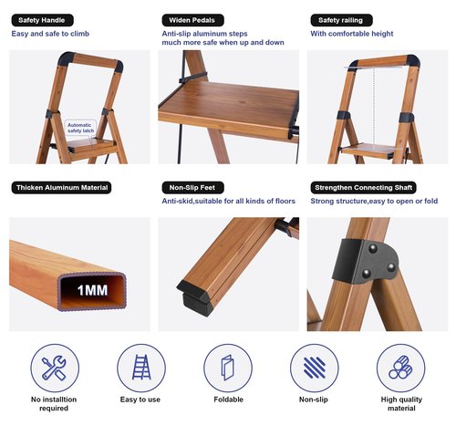 Step Ladder Woodgrain Finish Aluminum Folding Step Stool 3 Step Stairs,Anti-Slip Portable Sturdy for Home & Kitchen Office 330 lbs