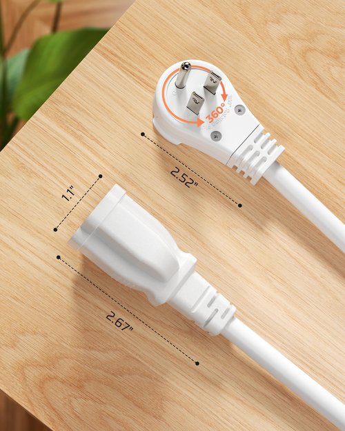 DEWENWILS 360° Rotating Flat Plug Extension Cord 1 Foot, 14/3 Gauge 3 Prong Grounded Wire, 15A/1875W Heavy Duty Power Cord, Space-Saving Size for Indoor Narrow Space, ETL Certified, 3-Pack (White)