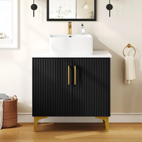 YITAHOME 30 Inch Bathroom Vanity with Vacuum Forming, Freestanding Storage Cabinet Vanity with Engineered White Stone Countertop, 2 Large Soft Closing Doors with Shelf, Gold Handles & Legs, Black