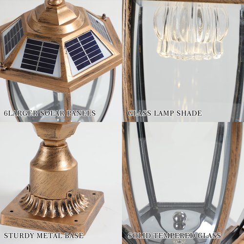 HXUHUWS Elegant Retro Gold Solar Column Headlights with Dimmable LED, 2 Pack, Convenient Outdoor Lighting