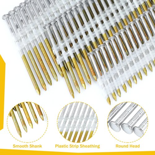 Therwen 1500 Count 21 Degree Framing Nails Ring Shank Nails for Use in All Pressure Treated Lumber, Flat D Head, Galvanized, Plastic Row Fixed (2,2-1/2,3 Inch)