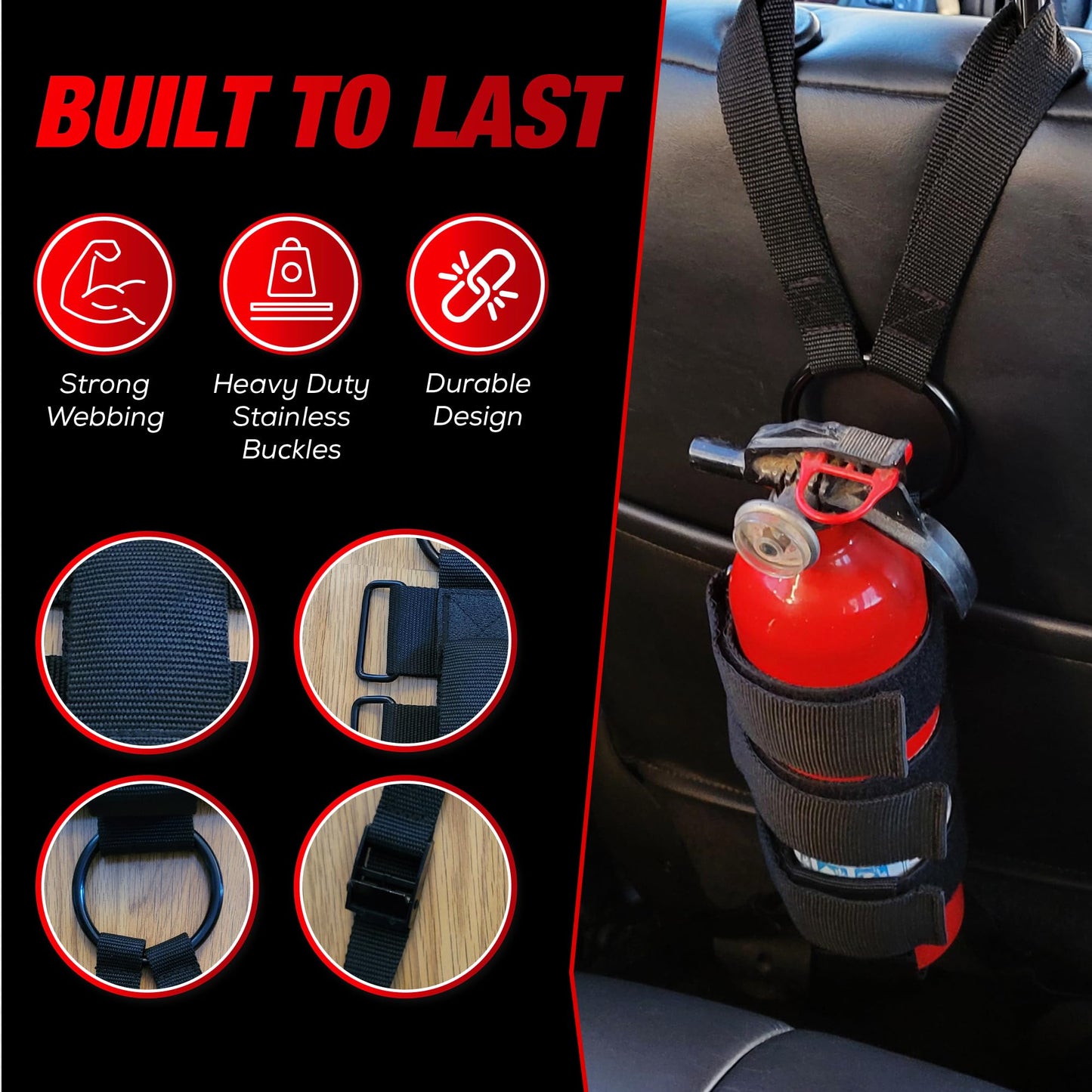 Badass Moto Car Fire Extinguisher Mount - Automotive Fire Extinguisher Mount for Vehicle Car Seat Headrest - Tool Free Seat Back Strap Install. Ideal Safety Kit Accessories for Jeep, Auto,Truck & SUV