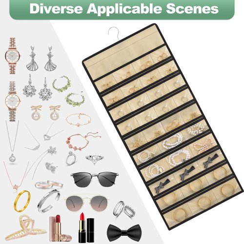 Pahiuii Hanging Jewelry Organizer– Double-Sided Jewelry Holder for Earrings, Necklaces, Rings – Closet Hanging Organizer & Travel Jewelry Organizers for Women, Wall or Door Use, Day Gifts (Beige)