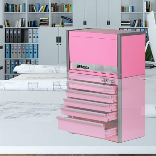 P.I.T. Mini Pink Tool Box, Portable 3 Drawer Steel Stackable Tool Box with Magnetic Tab Locking, Pink Micro Top Chest with Liner for Tools Storage and Organizers, Home DIY
