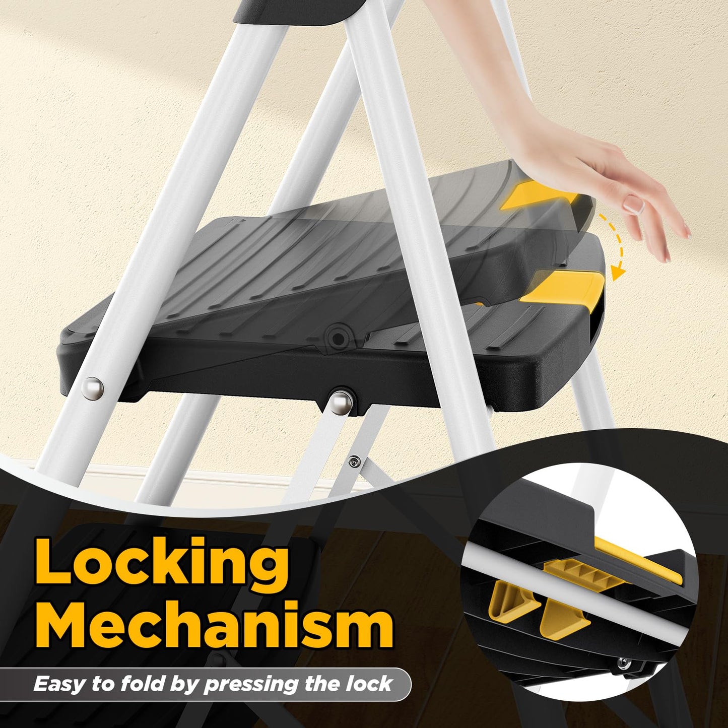 Urackify 3 Step Ladder, Folding Steel Step Stool with Safety Lock, Anti-Slip Wide Pedals, Pass 800lbs Load Testing, Handrail, Heavy Duty Portable Ladder for Multi-Purpose, Indoor, Office, Kitchen