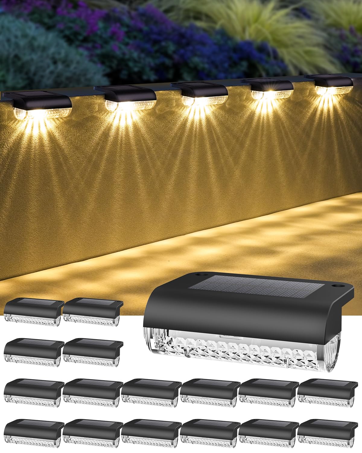 Herzila 16 Pack Solar Deck Lights Outdoor, Solar Step Lights Led Solar Lights for Outdoor Stairs, 3000K Warm White, Auto Dusk-to-Dawn, Weatherproof, Low Profile, for Fence Deck Railing Patio