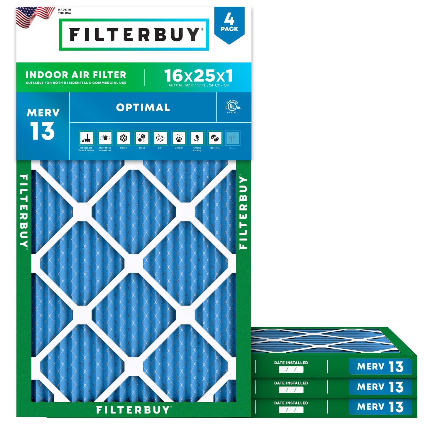 Filterbuy 16x25x1 Air Filter MERV 13 Optimal Smoke & Allergy Defense (4-Pack), Electrostatic Pleated HVAC AC Furnace Filters Replacement, Made in USA (Actual Size: 15.50 x 24.50 x 0.75)