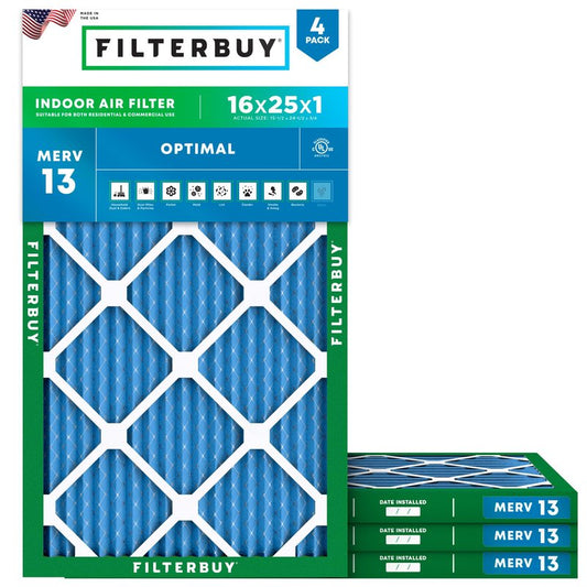 Filterbuy 16x25x1 Air Filter MERV 13 Optimal Smoke & Allergy Defense (4-Pack), Electrostatic Pleated HVAC AC Furnace Filters Replacement, Made in USA (Actual Size: 15.50 x 24.50 x 0.75)