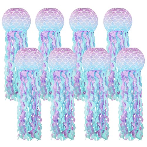 YUNXUAN Mermaid Party Decorations, Jellyfish Paper Lanterns Mermaid Scales Hanging Lantern for Mermaid Birthday Party Baby Shower Under The Sea Ocean Decorations Pack of 8