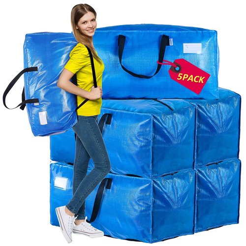 AlexHome Heavy Duty,Extra Large Packing Bags for Moving,Reusable Plastic Moving Totes,Clothes Storage Containers,Moving Supplies Bins,Compatible with Ikea Frakta Cart (Blue,Set of 5)