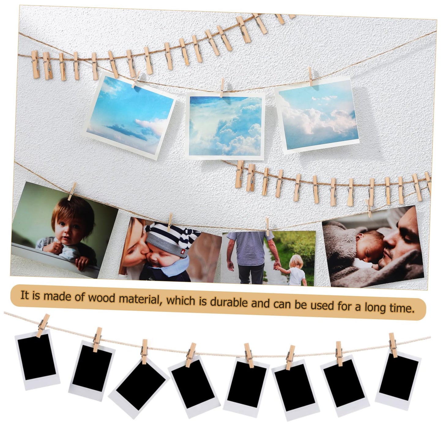 Garneck 1Roll Natural Jute Rope with Wooden Clips Hemp Twine for DIY Crafts Wrapping and Garden Decorations