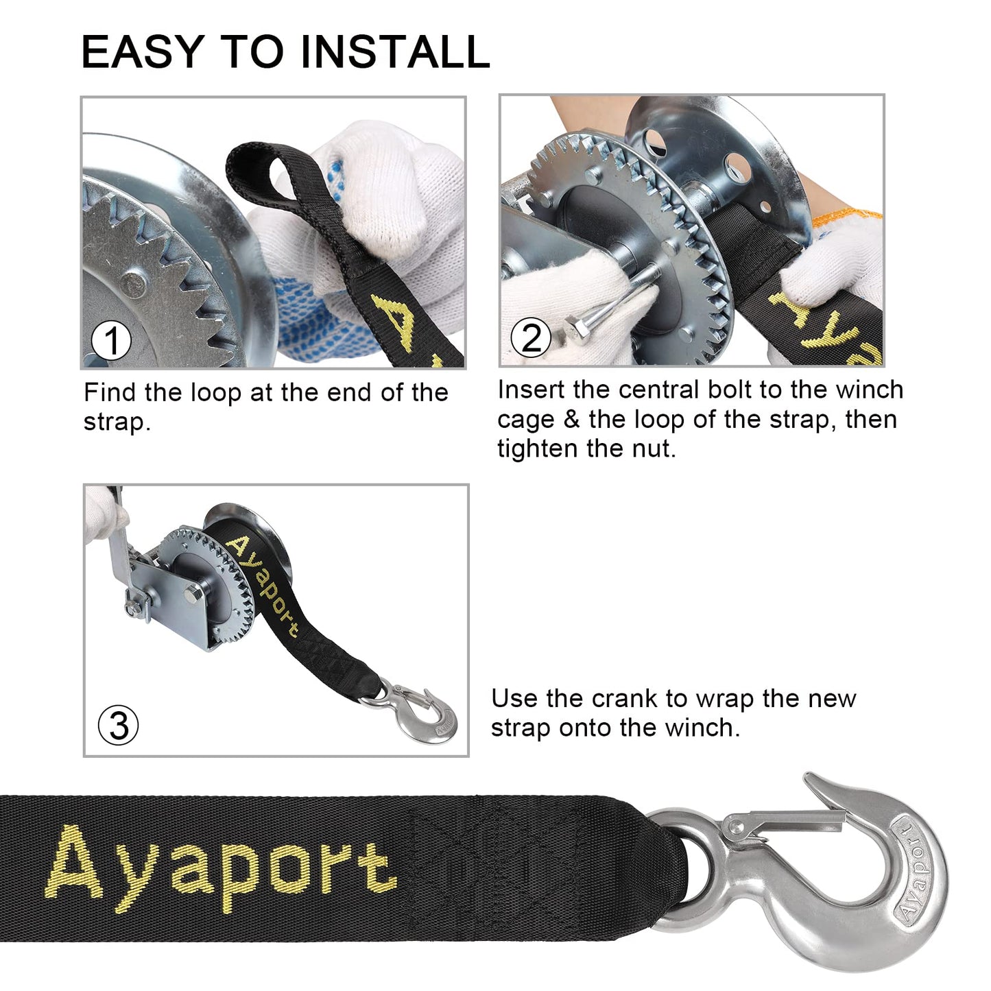 Ayaport Boat Winch Strap Towing Straps with Hook - 2" x 20' - 6600lbs Breaking Strength, Boat Trailer Winch Strap Replacement for Marine Boat ATV Fishing Boat and Jet Ski (Stainless-Steel Hook)