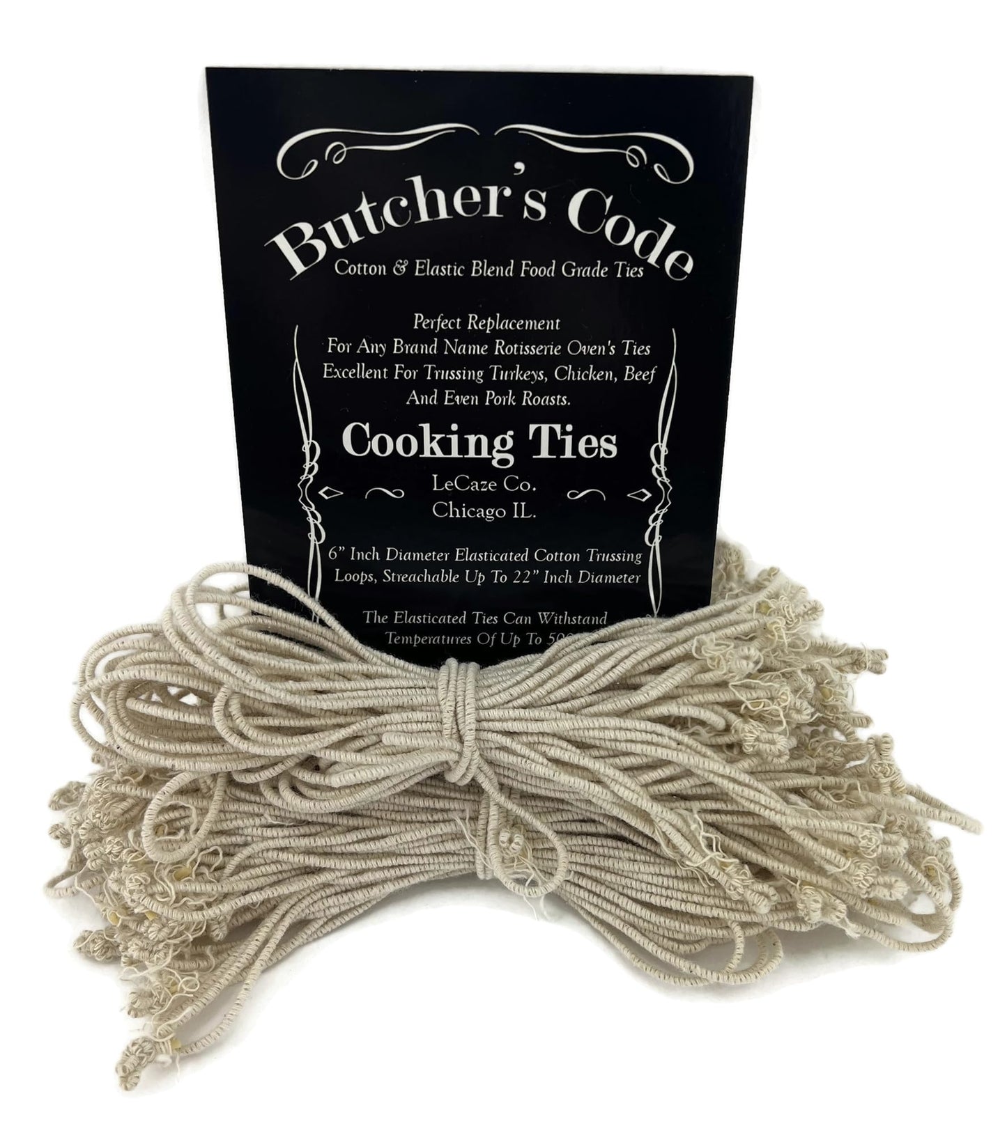 Butchers Code Rotisserie Cooking Ties – 50 Heat-Safe Cotton Elastic Loops | Trussing Twine for Chicken, Turkey, Meat, Roast, Grill, Oven Use