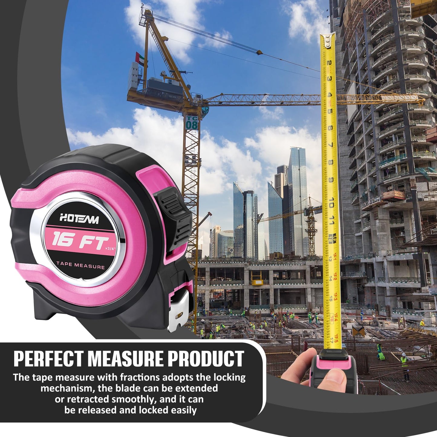 Hoteam 2 Pcs Pink Tape Measure Retractable with 1/8 Fractions Lightweight Pink Measuring Tape Accuracy 1/32 with Magnetic Hook Lock Button Easy to Read Measurement Tools(16 ft)