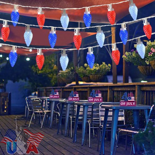 Fonusty Red White and Blue Lights 25Ft C9 Strawberry Christmas Lights 25 LED Bulb 4th of July Light Plug in Patriotic Light for Indoor Outdoor Patio Home Independence Day Memorial Day Christmas Decor