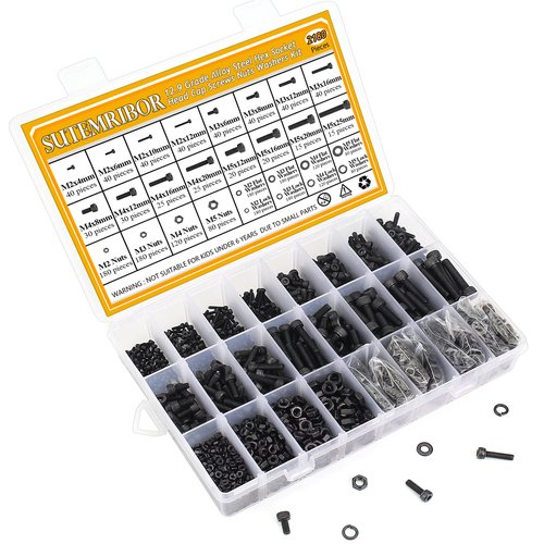 Sutemribor 2180 Pieces Black M2 M3 M4 M5 Hex Socket Head Cap Screws Nuts Washers Assortment Kit, Metric Screw Assortment with Hex Wrenches, 12.9 Grade Alloy Steel, Fully Threaded