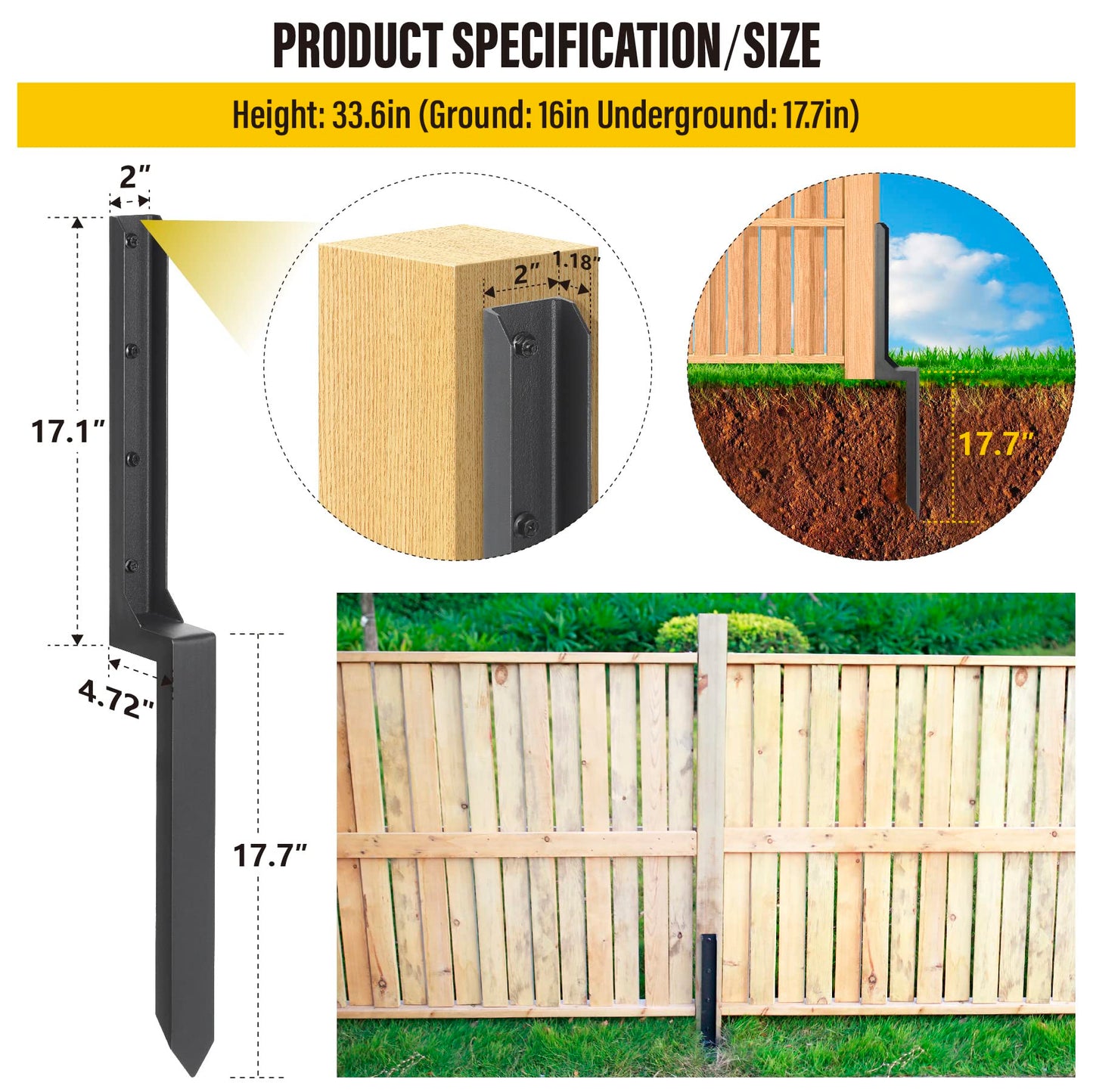 Epcee Heavy Duty Steel Fence Post Repair Stakes, Fence Post Anchor Ground Spike, for Repair Tilted/Broken Wood Fence Post (1 Pack/Black