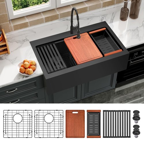 MONSINTA Black Farmhouse Kitchen Sink, 33 Inch Farm Sink, 33" x 22" x 10" Large and Deep Double Bowl Workstation Kitchen Sinks, 16 Gauge Stainless Steel Farm house Apron Front Sinks With Accessories