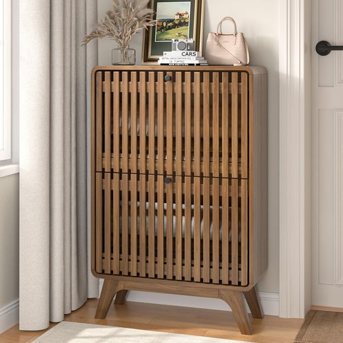 Jluomei Fluted Entryway Shoe Cabinet Storage, Wood Modern Rack Organizer with 2 Flip Drawers, Narrow Slim Shoe Organizer Cabinet for Entry Way, Wooden, Small, Hidden, Brown, Walnut