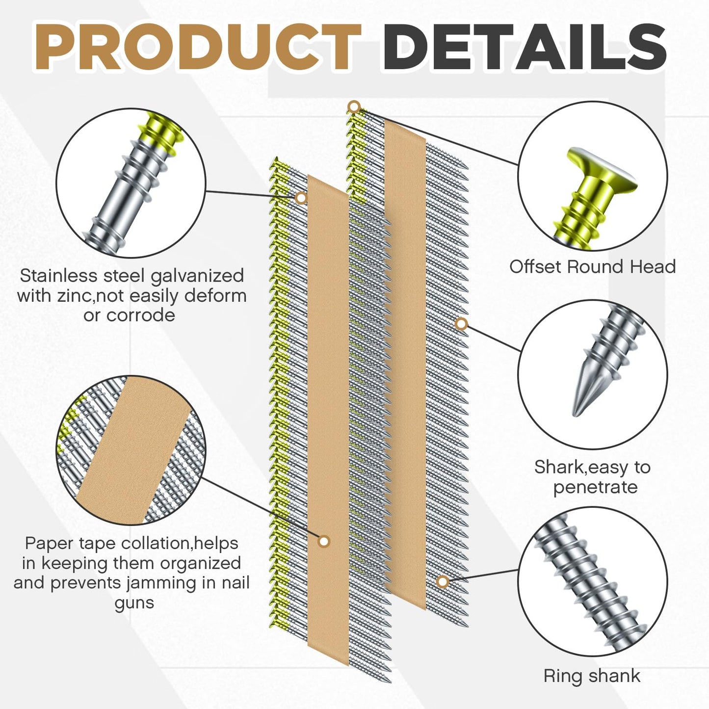 Yaocom Framing Nails, 30 Degree, Offset Round Head, Galvanized, 30 Degree Collated Framing Nails for Most 30-34 Degree, Paper Tape Collated Framing Nails, 2" x 0.113", 3000 Count