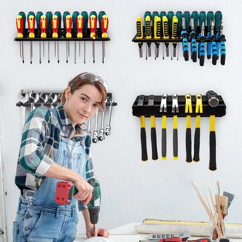 Pilida 4Pcs Wall Mount Tool Organizer Set,Include Screwdriver Organizer,9mm-24mm Wrench Holder,Pliers Holder,Hammer Rack,Galvanized Steel Hand Tool Storage for Workshop,Shed,Garage,Home