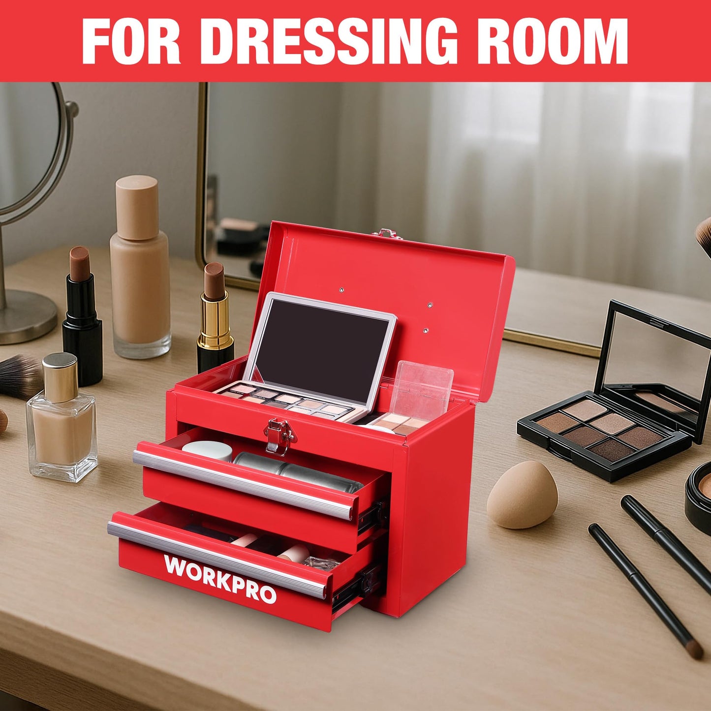 WORKPRO Portable Mini Tool Box, 2 Drawers Metal Tool Chest with Ball Bearing Slides, Top Storage and Lockable Latches, Ergonomic Carrying Handle, Mechanic Toolbox with PVC Liners and PP Feet Pads
